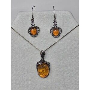 Vintage Baltic Amber Sterling Silver 925 Pendant Necklace & Earrings Set Cognac